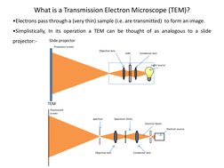 •Electrons pass through a (very thin) sample (i.e. are transmitted)  to form an image. 
•Simplistically, In its operation a T