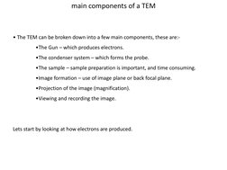 main components of a TEM 
• The TEM can be broken down into a few main components, these are:-  
 
•The Gun – which produces