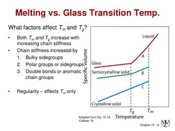 Chapter 15 - 8 
Melting vs. Glass Transition Temp. 
What factors affect Tm and Tg? 
 
 
•
Both Tm and Tg increase with 
incre