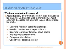 PRINCIPLES OF ADULT LEARNING 
What motivates Adult Learners? 
Adults typically differ from children in their motivations 
fo