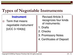 Copyright © 2006 by Pearson Prentice-Hall. All rights reserved. 
14 - 5 
Types of Negotiable Instruments Instrument 
Instrume