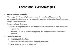 Corporate Level Strategies 
 
•
Corporate Level Strategies 
       The corporation’s overall plan concerning the number of