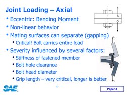 4
Joint Loading – Axial
hEccentric: Bending Moment
hNon-linear behavior
hMating surfaces can separate (gapping)
hCritical! Bo