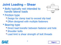 5
Joint Loading – Shear
hBolts typically not intended to               
handle lateral loads
hFriction type
hDesign for clamp