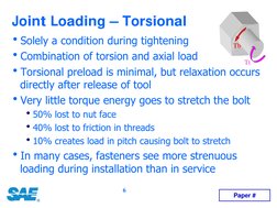 6
Joint Loading – Torsional
hSolely a condition during tightening
hCombination of torsion and axial load
hTorsional
 
preload