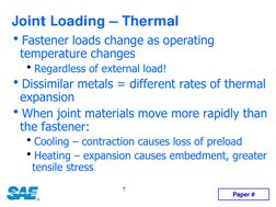 7
Joint Loading – Thermal
hFastener loads change as operating 
temperature changes
hRegardless of external load!
hDissimilar