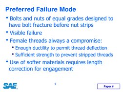 9
Preferred Failure Mode 
hBolts and nuts of equal grades designed to 
have bolt fracture before nut strips
hVisible failure