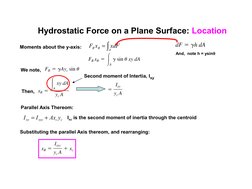 Hydrostatic Force on a Plane Surface: Location
Moments about the y-axis:


A
R
R
xdF
x
F
And,  note h = ysin
We note, 
The