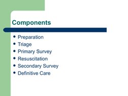 
 
Components
Preparation
Triage
Primary Survey
Resuscitation
Secondary Survey
Definitive Care
