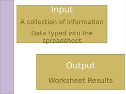 Input
A collection of information
Data typed into the 
spreadsheet
Output
Worksheet Results
