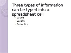 Three types of information 
Three types of information 
can be typed into a 
can be typed into a 
spreadsheet cell
spreadshee