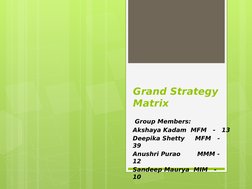 Grand Strategy 
Matrix
 Group Members:
Akshaya Kadam  MFM   -   13
Deepika Shetty     MFM   -   
39
Anushri Purao        MMM