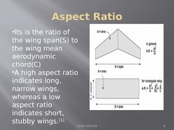 Aspect Ratio
•Its is the ratio of 
the wing span(S) to 
the wing mean 
aerodynamic 
chord(C)
•A high aspect ratio 
indicates