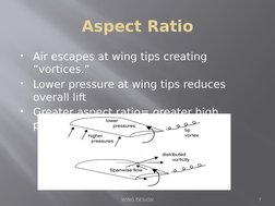Aspect Ratio

Air escapes at wing tips creating 
”vortices.” 

Lower pressure at wing tips reduces 
overall lift

Greater