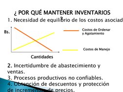 ¿ POR QUÉ MANTENER INVENTARIOS 
?
1. Necesidad de equilibrio de los costos asociad
2. Incertidumbre de abastecimiento y 
vent