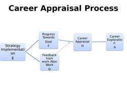 Career Appraisal Process
 
Strategy 
Implementati
on
E
Strategy 
Implementati
on
E
Progress 
Towards
Goal
F
Progress 
Towards