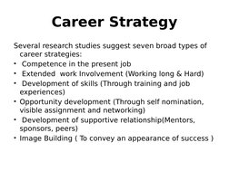Career Strategy
Several research studies suggest seven broad types of 
career strategies: 
•  Competence in the present job