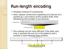 Run-length encoding
Run-length encoding
Simplest method of compression.
How: replace consecutive repeating occurrences of a