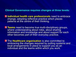 Clinical Governance requires changes at three levels: 
Clinical Governance requires changes at three levels: 
  
Individ
