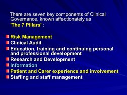 There are seven key components of Clinical 
There are seven key components of Clinical 
Governance, known affectionate