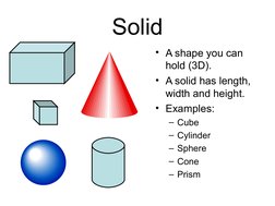 Solid
• A shape you can 
hold (3D).
• A solid has length, 
width and height.
• Examples:
– Cube
– Cylinder
– Sphere
– Cone
–