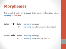 Morphemes  
The smallest unit of language that carries information about 
meaning or function. 
 
 
builder   
build  
[meani