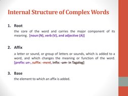 Internal Structure of Complex Words  
1. Root 
the core of the word and carries the major component of its 
meaning.  [noun (