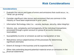 Page  4
Considerations
•
Evaluate the nature and types of errors and omissions that could occur, i.e., 
“what can go wrong”