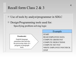 4
Recall form Class 2 & 3
Use of tools by analyst/programmer in SDLC
Design/Programming tools used for:
– Specifying proble