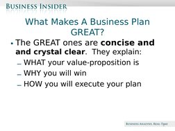 Beta
What Makes A Business Plan 
GREAT?
• The GREAT ones are concise and 
and crystal clear.  They explain:
– WHAT your value