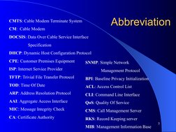 Abbreviation
Abbreviation
5
CMTS: Cable Modem Terminate System
CM:  Cable Modem
DOCSIS: Data Over Cable Service Interface
