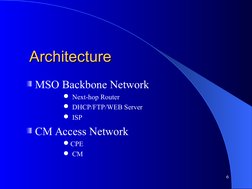 Architecture
Architecture
MSO Backbone Network
 Next-hop Router
 DHCP/FTP/WEB Server
 ISP
CM Access Network   
CPE
