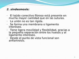 2. sindesmosis:
·   El tejido conectivo fibroso está presente en 
mucha mayor cantidad que en las suturas.
·   La unión no es