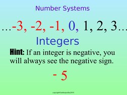 copyright©amberpasillas2010 
Integers
…-3, -2, -1, 0, 1, 2, 3…
Number Systems
Hint: If an integer is negative, you  
will alw