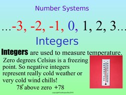 copyright©amberpasillas2010 
Integers
…-3, -2, -1, 0, 1, 2, 3…
Number Systems
Integers are used to measure temperature.
 Zero