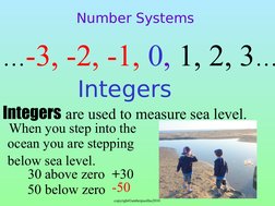 copyright©amberpasillas2010 
Integers
…-3, -2, -1, 0, 1, 2, 3…
Number Systems
Integers are used to measure sea level.
  When