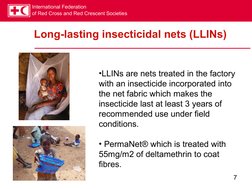 International Federation
of Red Cross and Red Crescent Societies
7
Long-lasting insecticidal nets (LLINs) 
•LLINs are nets tr