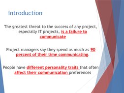 Introduction
The greatest threat to the success of any project, 
especially IT projects, is a failure to 
communicate
Project