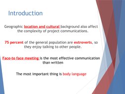 Introduction
Geographic location and cultural background also affect 
the complexity of project communications.
75 percent of