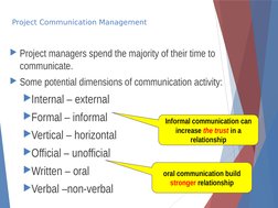 Project Communication Management
Project managers spend the majority of their time to 
communicate.
Some potential dimensio