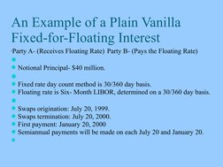 An Example of a Plain Vanilla 
Fixed-for-Floating Interest
Party A- (Receives Floating Rate) Party B- (Pays the Floating Rat