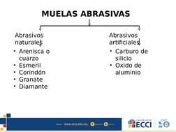 MUELAS ABRASIVAS
Abrasivos 
naturales 
Abrasivos 
artificiales
• Arenisca o 
cuarzo
• Esmeril
• Corindón
• Granate
• Diamante