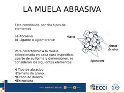 LA MUELA ABRASIVA
Esta constituida por dos tipos de 
elementos
a) Abrasivo
b) Ligante o aglomerante
Para caracterizar a la mu