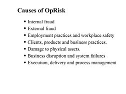 Causes of OpRisk
Internal fraud 
External fraud
Employment practices and workplace safety
Clients, products and business
