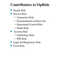 Contributors to OpRisk
People Risk 
Process Risk
– Transaction Risk
– Documentation/contract risk.
– Operational Control Ri