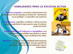 HABILIDADES PARA LA ESCUCHA ACTIVA 
Mostrar empatía : escuchar activamente las 
emociones de los demás es tratar de “meternos