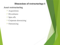Dimensions of restructurings-1
Asset restructuring
Acquisitions 
Divestitures
Spin offs
Corporate downsizing 
Outsourcin