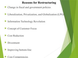 Reasons for Restructuring
Change in fiscal and government policies
Liberalization, Privatization, and Globalization (LPG)
