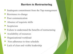 Barriers to Restructuring
Inadequate commitment from the Top management
Resistance to change
Poor communication
Absence o