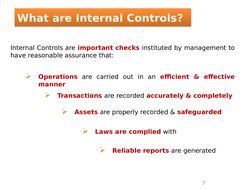 What are Internal Controls?
What are Internal Controls?
Internal Controls are important checks instituted by management to 
h